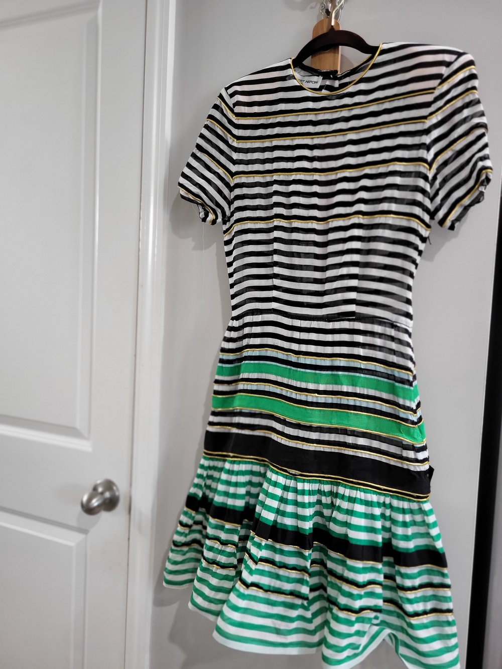 Vintage Albert Nipon Black, White & Green Striped Dress